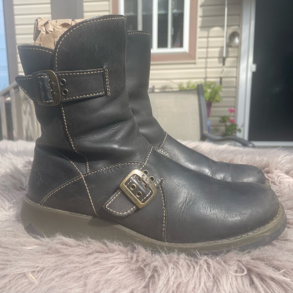 Fly London Black Leather Buckle Boots